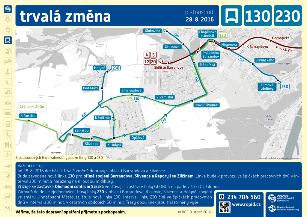Trasa a zastávky linek 130 a 230 v oblasti Barrandova a Slivence
