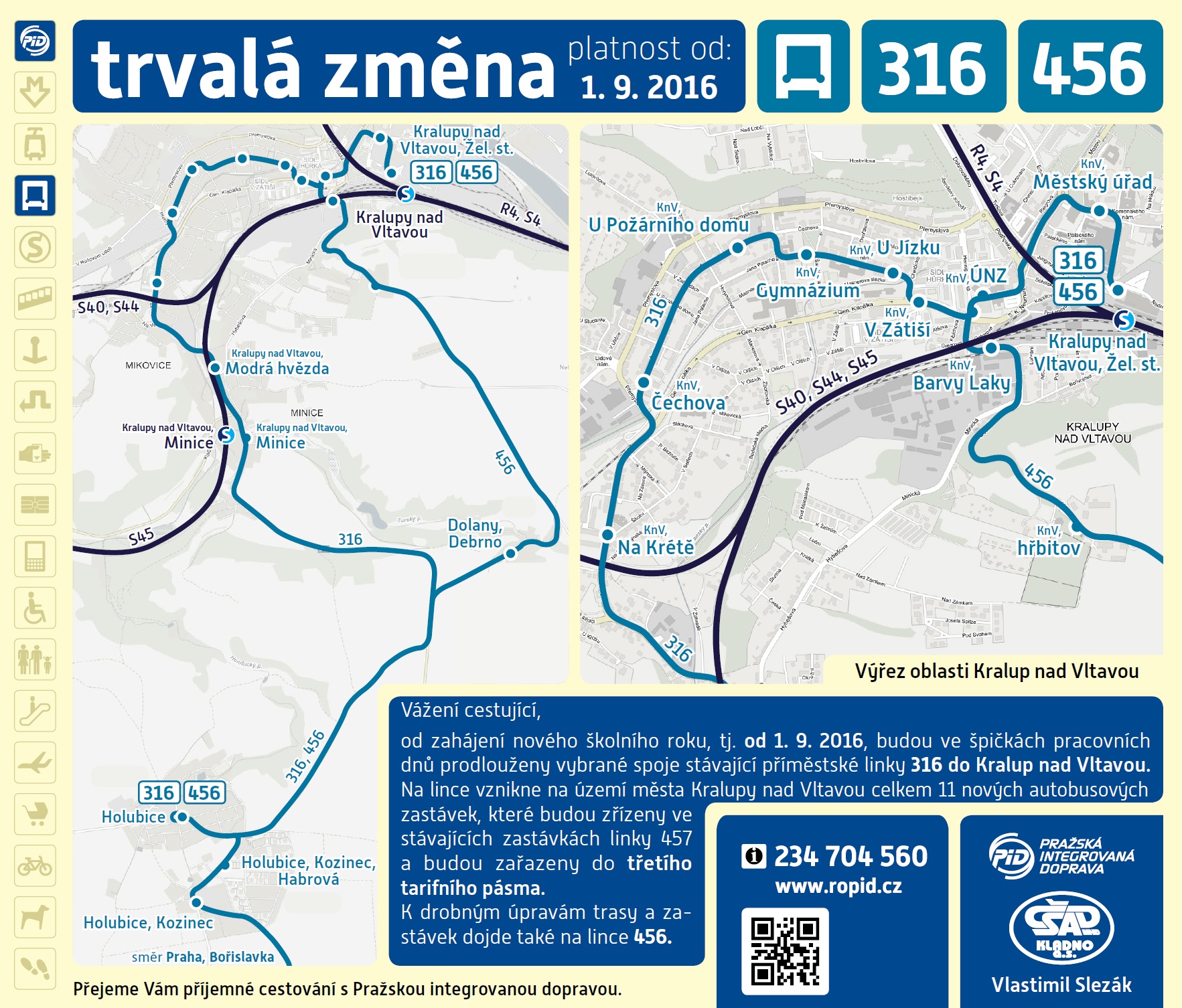 Trasa a zastávky linek 316 a 456 mezi Holubicemi a Kralupy nad Vltavou