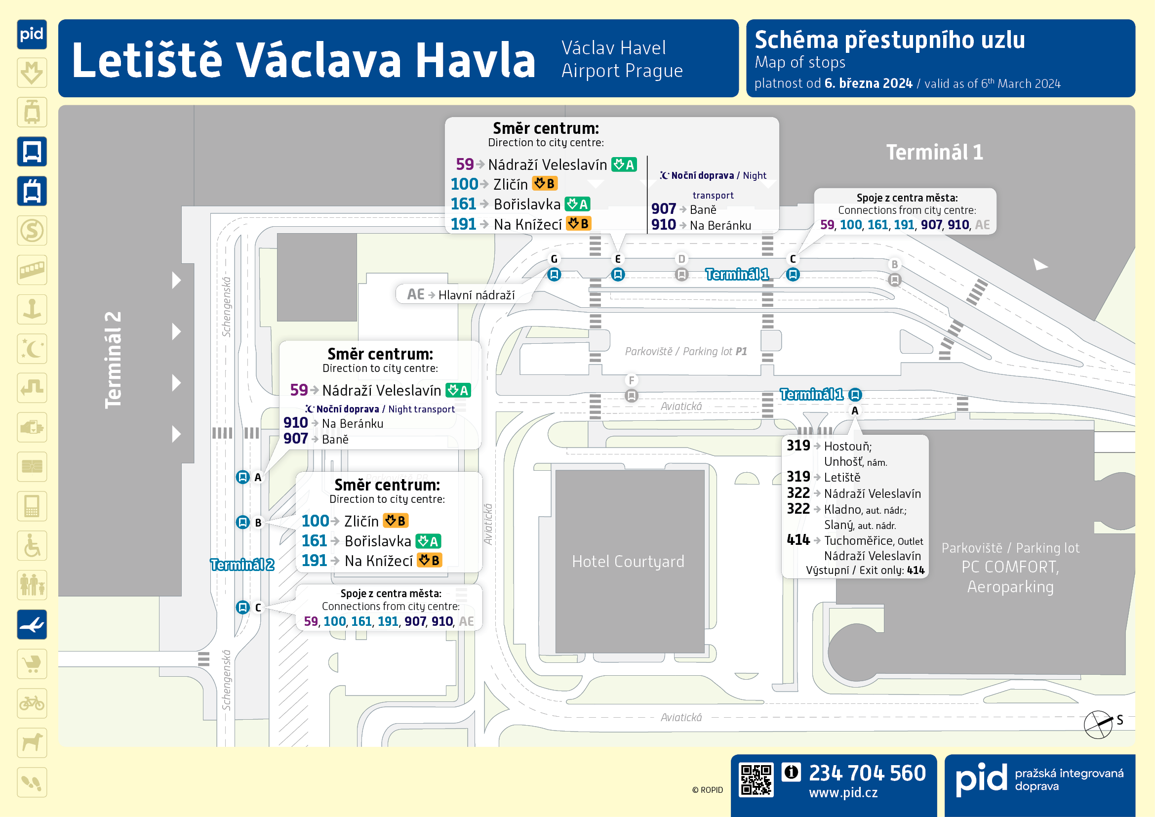 Schematic map of the stops at Prague-Ruzyně airport